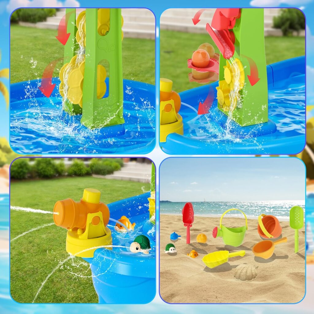 【2024 Newest】Auto Water-Absorbing Water Table for Toddlers 1-3, 3-Tier Kids Water Table with Umbrella Splash Pond, Outdoor Toys Sand and Water Table for Age 1-2 3-5, 20PCS Water Toy Accessories