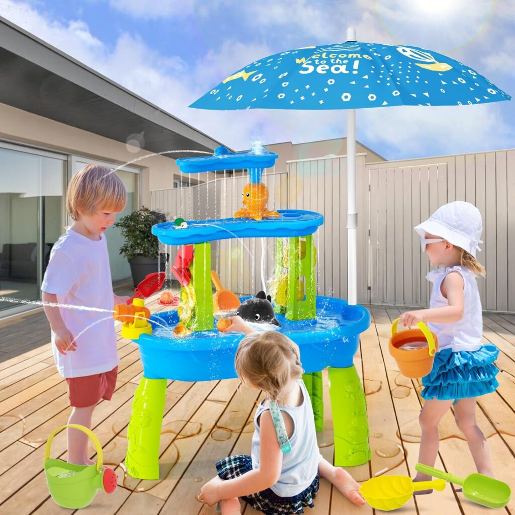 【2024 Newest】Auto Water-Absorbing Water Table for Toddlers 1-3, 3-Tier Kids Water Table with Umbrella Splash Pond, Outdoor Toys Sand and Water Table for Age 1-2 3-5, 20PCS Water Toy Accessories