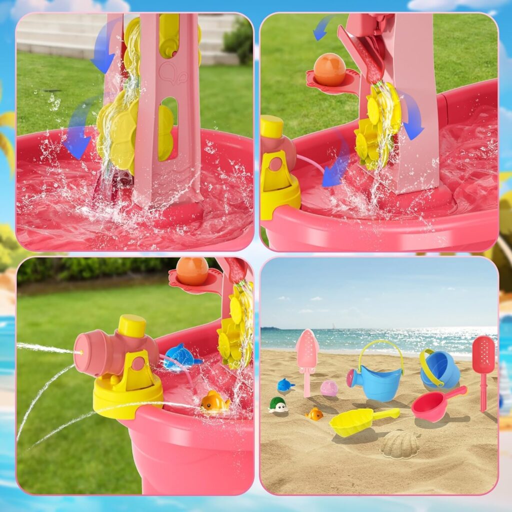 【2024 Newest】Auto Water-Absorbing Water Table for Toddlers 1-3, 3-Tier Kids Water Table with Umbrella Splash Pond, Outdoor Toys Sand and Water Table for Age 1-2 3-5, 20PCS Water Toy Accessories