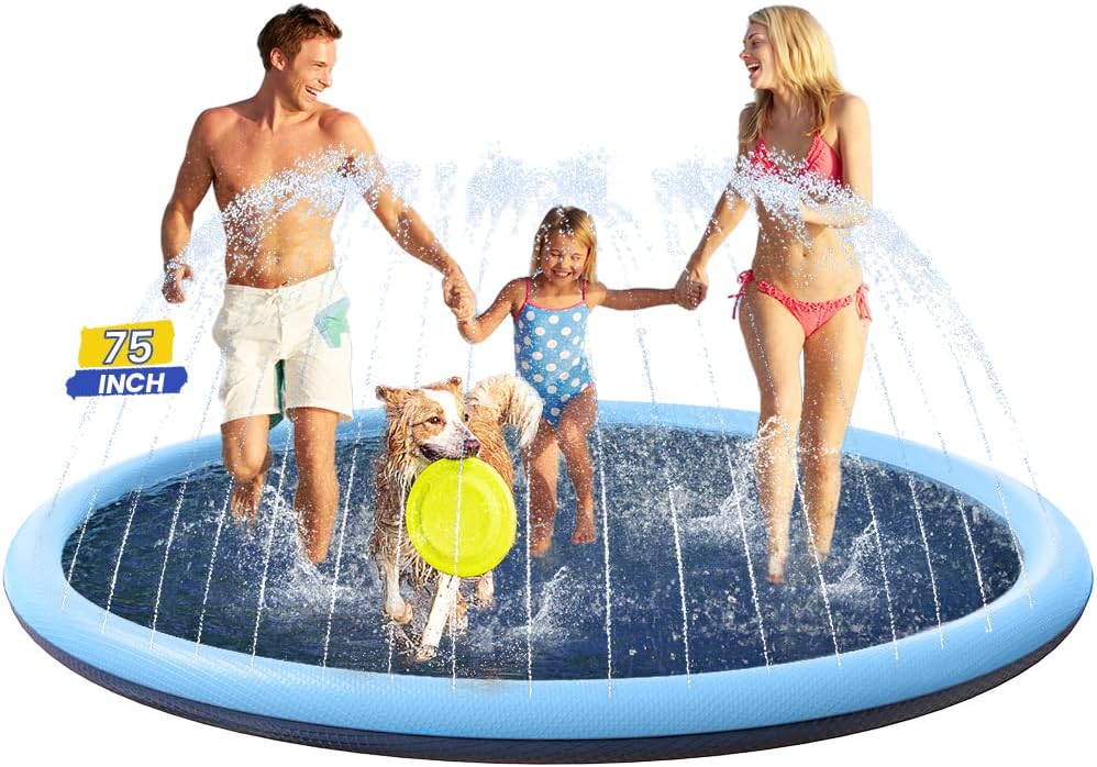 75inch Large Dog Splash Pad Non-Slip, Pet Dogs Cool Sprinkler Pool Heavy Duty L Splash Pads for Kiddie Baby Wading Pool Summer Outdoor Play Water Fun Toy Gift Easy to Use/Clean