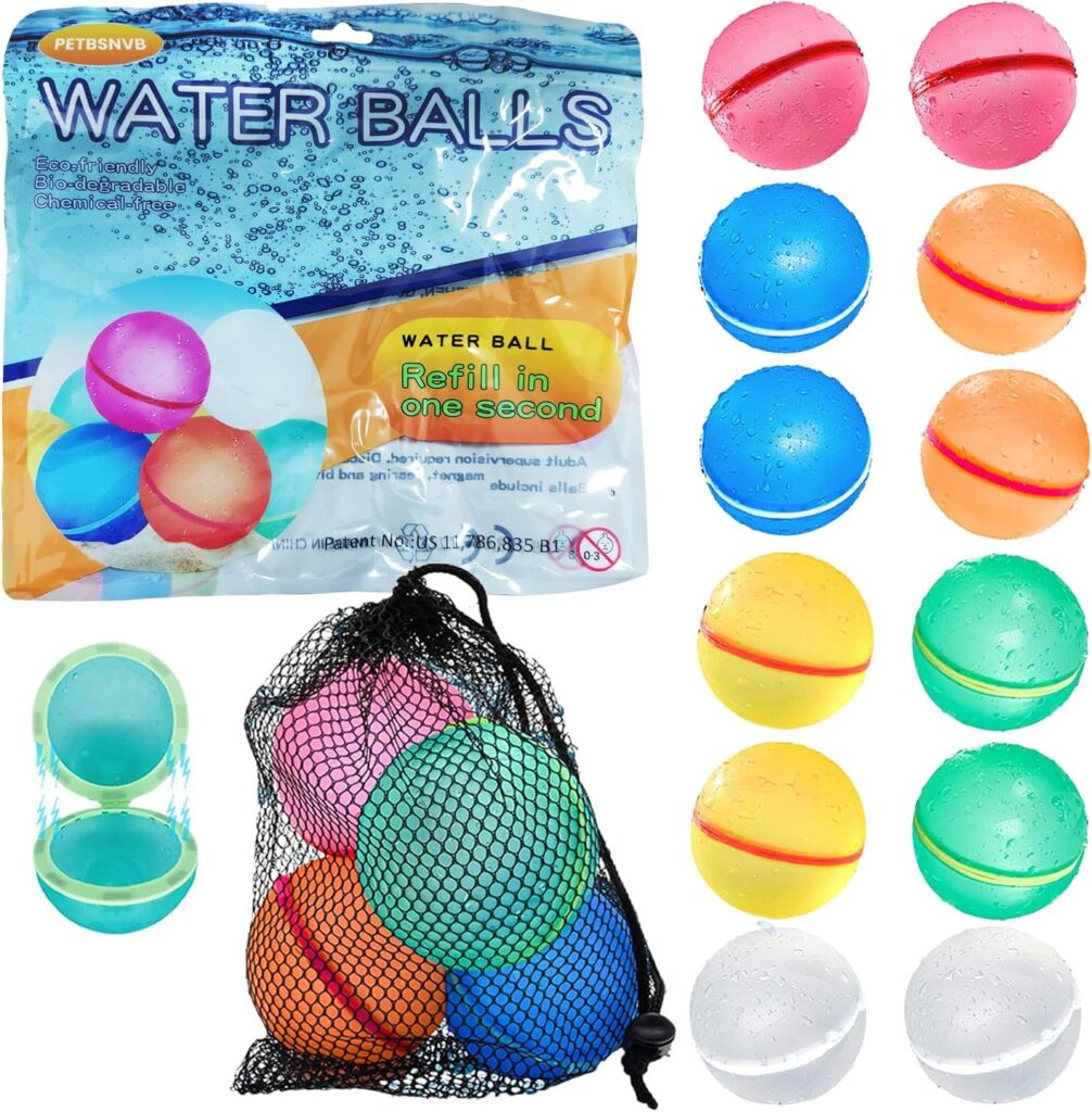 12 PACK Reusable Water Balloons Magnetic with MESH BAG, Refillable, Self Sealing, Easy Fill Water Balloons, Happy Splash Bombs Water Balls for Kids Adults Outdoor Activities Games Toy