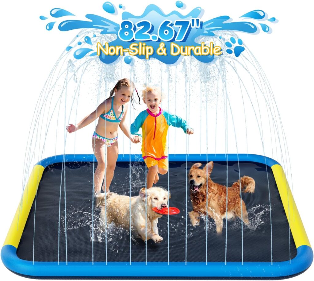 G-TING Dog Pool Splash Pad, Non-Slip Splash Pad Sprinkler for Toddlers 3+ and Kids Ages 3+, 82.67 Thicken Dog Sprinkler Splash Play Mat, Summer Outdoor Backyard Water Toys Gifts Boys Girls Children